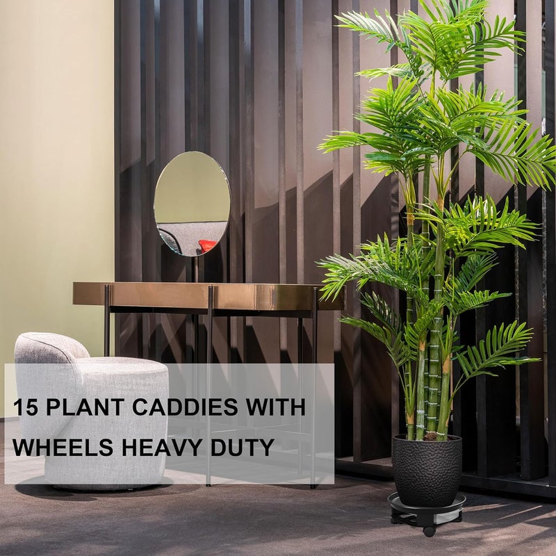 AMKOSKR 1 Pack 15" Black Plant Caddy with Easy Moving Caster Wheels and a Water Container Round Movable Planter Dolly Trolley Tray Pallet Outdoor Indoor Tree Flower Stand Planter - Image 4